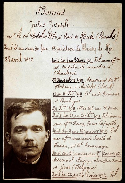 Polizeiblatt des Kriminellen Jules Bonnot (1876-1912) (Bonnot-Bande) mit Liste der Verbrechen von Anonymous Anonymous