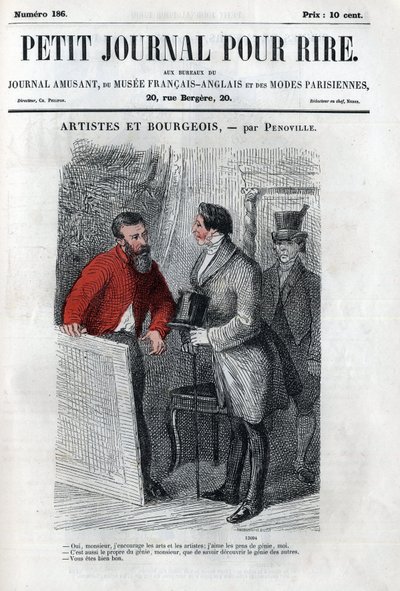 Politische und soziale Karikatur während des Zweiten Kaiserreichs. „Künstler und Bourgeois“: Gespräch zwischen einem Kunstliebhaber und einem bürgerlichen Mäzen. Gravur in „Petit Journal pour Rire“ von Anonymous Anonymous