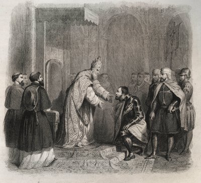 Papst St. Pius V. (1566-1572) empfängt den Sieger der Schlacht von Lepanto. Gravur von 1846 in Lives of the Saints. Private Sammlung von Anonymous Anonymous