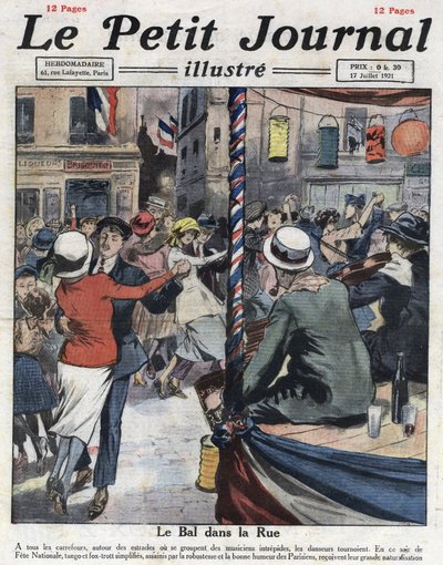 Volksfeste in den Straßen von Paris anlässlich des Nationalfeiertags am 14. Juli. Illustration aus „Le petit journal illustré“ vom 17.07.1921. Private Sammlung von Anonymous Anonymous