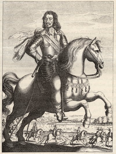 Porträt von Bernhard von Sachsen-Weimar (1604-1639) mit der Darstellung der Gefangennahme von Johann von Werth durch Herzog Bernhard und Herzog von Rohan. Gravur aus dem 17. Jahrhundert. Privatbesitz von Anonymous Anonymous