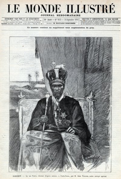 Porträt von Tofa I. (Toffa) (um 1850-1908), König von Dahomey (Benin) in Porto Novo. Eine Zeitung. Gravur in 