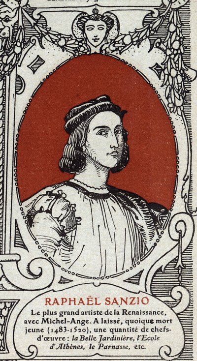 Porträt des italienischen Renaissance-Malers Raffael (Raffaello Sanzio 1483-1520). Gravur von 1914. Private Sammlung. von Anonymous Anonymous