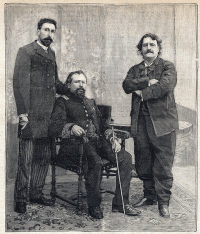 Porträt der drei „Akademiker“: Marius Tournade, Achille Le Roy und Maxime Lisbon (1839-1905), die die französische Akademie lächerlich machen wollten. Gravur in "Le Petit Parisien" am 4.06.1893. von Anonymous Anonymous
