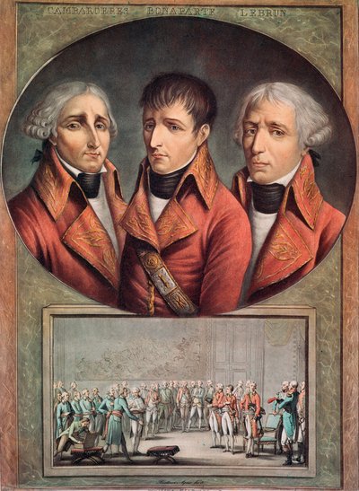 Porträt der drei Konsuln Cambaceres, Napoleon Bonaparte und Charles-Francois Lebrun (Gravur) von Anonymous Anonymous