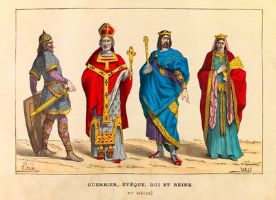 Porträts und Kostüme eines Kriegers, eines Bischofs, eines Königs und einer Königin im 6. Jahrhundert, Gravur - Private Sammlung von Anonymous Anonymous
