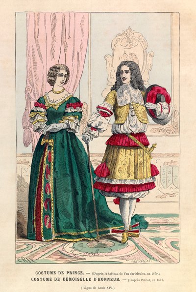 Fürstenkostüm und Brautjungfernkostüm unter der Herrschaft von Ludwig XIV. (1638-1715) von Anonymous Anonymous