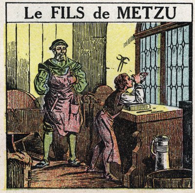 Prismen und Linsen: Metzus Sohn. Der Niederländer Jacob Metzu (Jacques Metius) entdeckte 1609 zufällig das Teleskop, als er seinen Sohn mit konkaven und konvexen Gläsern spielen sah. Anonyme Illustration von 1925. Private Sammlung. von Anonymous Anonymous