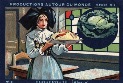 Produktionen rund um die Welt: Sauerkraut im Elsass. Chromolithographie von 1933 im „Joseph-Milliat Album“ von Anonymous Anonymous