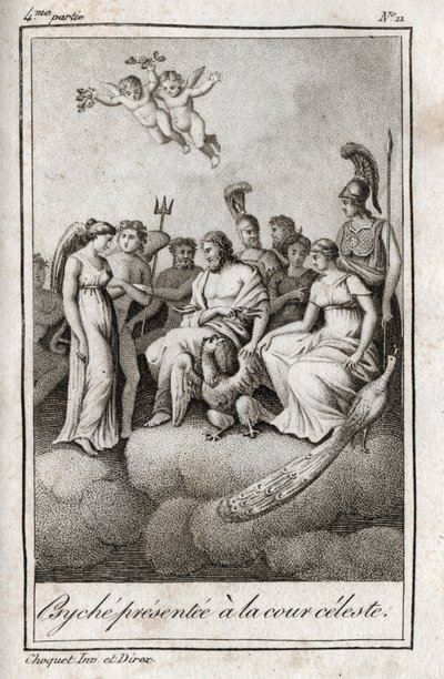 Psyche wird dem himmlischen Hof vorgestellt. Gravur von 1819 in „Lettres à Emilie sur la mythologie“ von Charles Albert Demoustier (1760-1801). Private Sammlung von Anonymous Anonymous