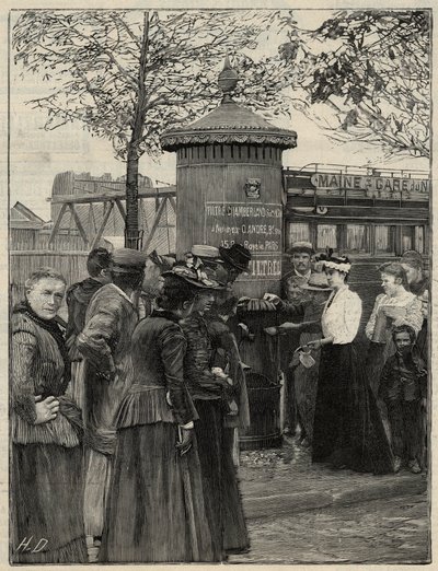 Öffentliche Hygiene: Einwohner von Paris nutzen einen der gefilterten Trinkbrunnen im 15. Arrondissement. Diese Brunnen haben einen Chamberland-Pasteur-Filter. Gravur in „Le monde illustré“ von 1892. Private Sammlung. von Anonymous Anonymous