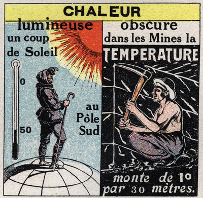 Strahlung und Leitfähigkeit: Lichtwärme (Sonnenbrand am Südpol) und Dunkelwärme (in Minen steigt die Temperatur um 1 Grad pro 30 Meter). Anonyme Illustration von 1925. Private Sammlung. von Anonymous Anonymous