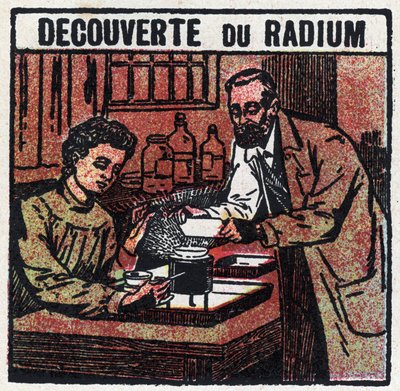 Radium: Entdeckung des Radiums durch Pierre (1859-1906) und Marie Curie (1867-1934) im Jahr 1898. Anonyme Illustration von 1925. Private Sammlung. von Anonymous Anonymous