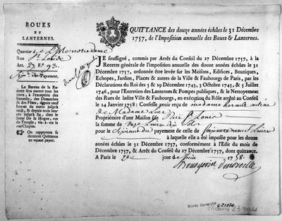 Quittung vom Finanzamt über die Zahlung von Steuern für Schlamm und Laternen, datiert Dezember 1757 von Anonymous Anonymous