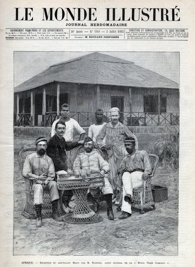 Empfang von Leutnant Mizon durch Frederick Bedford (1838-1913), Generalagent der Royal Niger Company. Der französische Entdecker Louis Alexandre Antoine Mizon (1853-1899) während seiner Reise nach Westafrika. Eine Zeitung. Gravur in „Le monde illustré“ von von Anonymous Anonymous