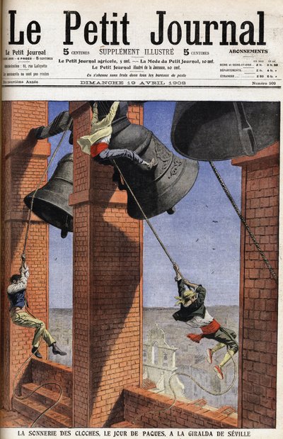 Religiöser Brauch in Andalusien: Die Glocke läutet am Ostertag an der Giralda von Sevilla in Spanien. Gravur in der Schlagzeile des Petition Journals von Anonymous Anonymous