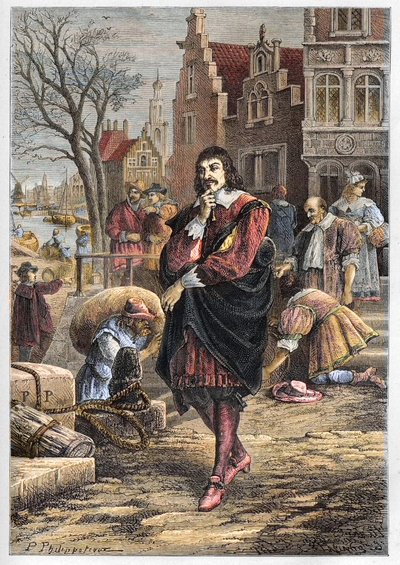 Rene Descartes (1596-1650), französischer Philosoph und Mathematiker, geht durch die Straßen von Amsterdam - Descartes in Amsterdam - Gravur aus „L