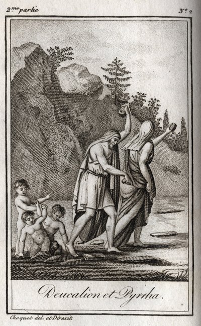 Darstellung von Deukalion und Pyrrha, die einzigen Überlebenden nach der Sintflut, die Zeus verursacht hat, um die Menschheit zu zerstören. Themis nach der Sintflut fordert sie auf, mit bedecktem Kopf hinter sich die Knochen ihrer Mutter (die Steine der Er von Anonymous Anonymous