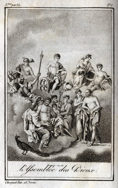 Darstellung der Versammlung der Götter auf dem Olymp oder der Zwölf Olympier. Gravur von 1819 in „Lettres à Emilie sur la mythologie“ von Charles Albert Demoustier (1760-1801). Private Sammlung. von Anonymous Anonymous