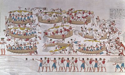 Darstellung der Schlacht im Nildelta zwischen den Armeen von Ramses III. und den Seevölkern. Von einem Relief im Totentempel von Medinet Habu, Ägypten von Anonymous Anonymous