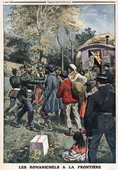 Roma auf der Grenze: Die französischen Gendarmen verweisen nomadische Familien an die deutsche Grenze oder deutsche Gendarmen hindern sie daran, in ihr Land einzudringen. Gravur in „Le Petit Journal“, am 08.09.1912. Private Sammlung. von Anonymous Anonymous