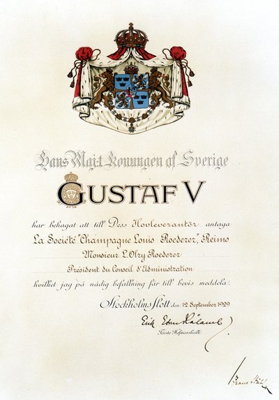 Königliches Patent, das 1929 vom König von Schweden an das Haus Louis Roederer verliehen wurde von Anonymous Anonymous