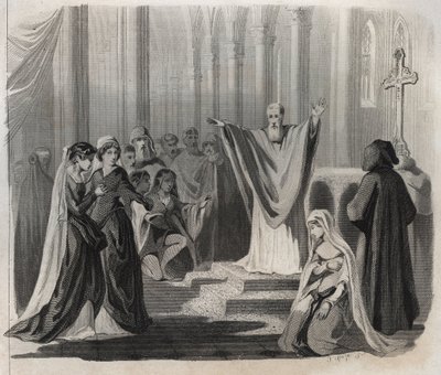 Saint Dunstan (ca. 909-988), Bischof von Canterbury, Benediktiner und Reformator des klösterlichen Lebens in England, kündigt seinen bevorstehenden Tod an. Gravur von 1846 in „Lives of the saints“. Private Sammlung. von Anonymous Anonymous