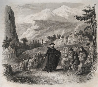 Der heilige Franz von Sales (1567-1622), Bischof von Genf, auf einer Pastoralreise. Gravur von 1846 in „Lives of the saints“. Private Sammlung von Anonymous Anonymous