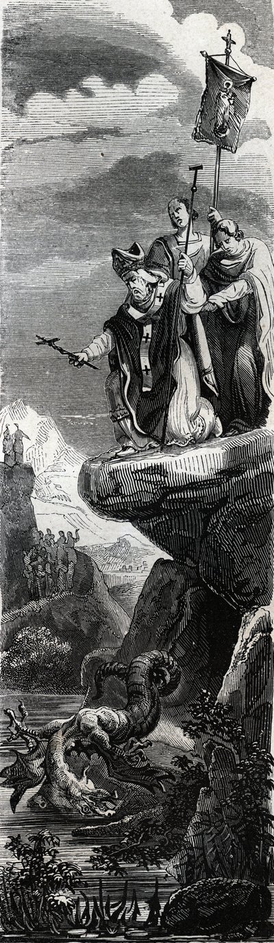 Saint Front (erster Evangelisierer des Perigord) (3. Jahrhundert) stürzt den Drachen in die Dordogne - Gravur von 1846 in „Leben der Heiligen“. Private Sammlung. von Anonymous Anonymous