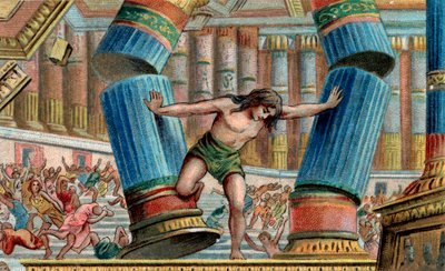 Samson bringt den Tempel von Dagon zum Einsturz - Chromolithographie - Private Sammlung von Anonymous Anonymous