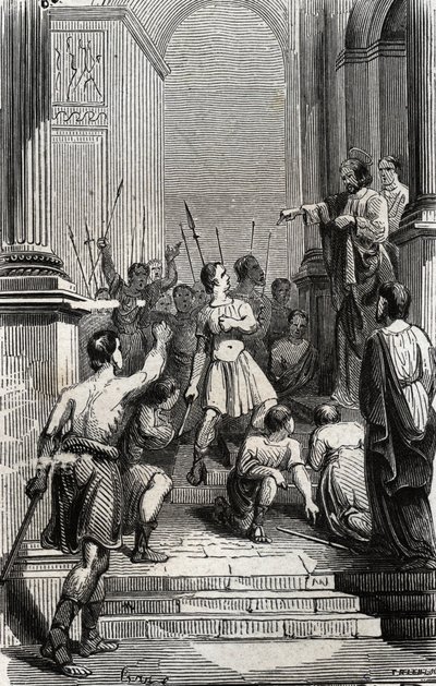 Saturnin von Toulouse (Saint Sernin, erster christlicher Bischof von Toulouse) (3. Jahrhundert) wurde am Kapitol von Toulouse festgenommen - Gravur von 1846 in „Lives des saints“. Private Sammlung. von Anonymous Anonymous