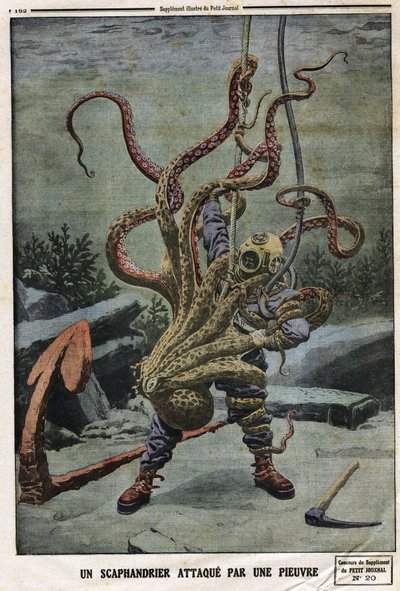 Taucher von einem Oktopus angegriffen. Gravur in „Le Petit Journal“, am 16.06.1912. Private Sammlung. von Anonymous Anonymous