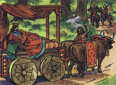Szene, die die faulen Könige darstellt: König von Frankreich Thierry III. (673-691) wird in einem Wagen mit einem Bett von Ochsen gezogen. Anonyme Illustration in „Collection des souverains et chefs d