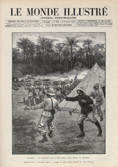Zweiter Dahomey-Krieg (1892-1894): Tod des französischen Kommandanten Faurax während der Schlacht von Dogba am 19. September 1892 in Dahomey (heute Benin). Eine Zeitung. Gravur in „Le monde illustré“ von 1892. Private Sammlung. von Anonymous Anonymous