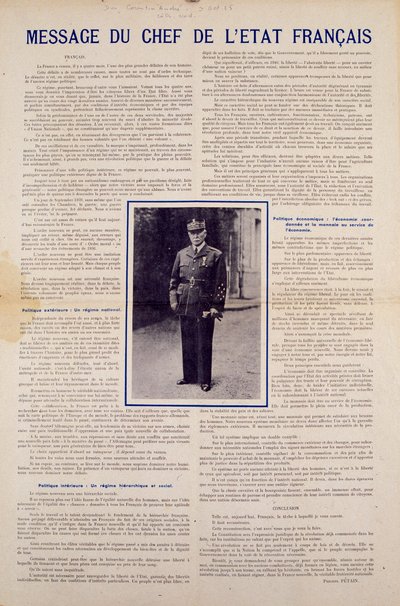 Zweiter Weltkrieg und Vichy-Regime: Botschaft des französischen Staatschefs Philippe Pétain, veröffentlicht nach dem von Frankreich im Juni 1940 unterzeichneten Waffenstillstand und Vorstellung des Programms der Nationalen Revolution, Herbst 1940 von Anonymous Anonymous