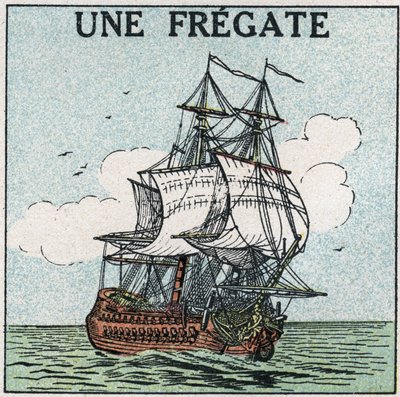 Schiffe und Schiffe: eine Fregatte. Anonyme Illustration von 1925. Private Sammlung. von Anonymous Anonymous