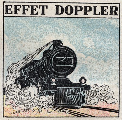 Schallenergie: Doppler-Effekt, hervorgehoben 1842 von Christian Andreas Doppler (1803-1853). Die Pfeife einer Lokomotive hat einen scharfen Klang, wenn sie ankommt, und wird tief, wenn sie sich entfernt. Anonyme Illustration von 1925. Privatsammlung. von Anonymous Anonymous