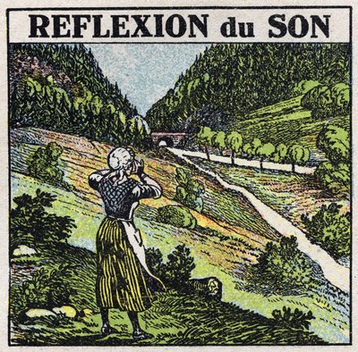 Schallenergie: Reflexion von Schall durch Echo-Phänomen. Anonyme Illustration von 1925. Private Sammlung. von Anonymous Anonymous