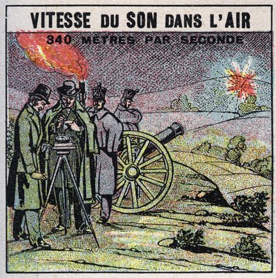 Schallenergie: Schallgeschwindigkeit in der Luft. Experiment von 1822 von Louis-Joseph Gay-Lussac (1778-1850) und François Arago (1786-1853), die eine Reihe von Kanonenschüssen zwischen Montlhéry und Villejuif abfeuerten. Anonyme Illustration von 1925. Pri von Anonymous Anonymous