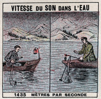 Schallenergie: Schallgeschwindigkeit im Wasser. Experiment von 1826-1827 von Jean Daniel (Jean-Daniel) Colladon (1802-1893) und Charles Francois Sturm (1803-1855) auf dem Genfersee (Lac Léman). Zwei Boote, die 14 km voneinander entfernt festgemacht sind, e von Anonymous Anonymous