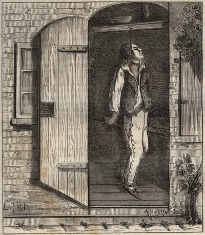 Selbstmord im Rochefort Bagne im Jahr 1840. Gravur in „Histoire des bagnes depuis leur création à nos jours“ (1877) von Pierre Zaccone. Private Sammlung. von Anonymous Anonymous