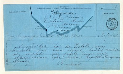 Telegramm von Rimbaud an seine Mutter, Marseille, 22. Mai von Anonymous Anonymous