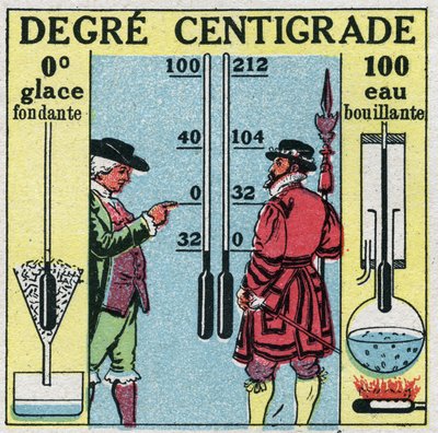 Temperatur und Ausdehnung: Grad Celsius. Vergleich zwischen Grad Fahrenheit und Grad Celsius. Anonyme Illustration von 1925. Private Sammlung. von Anonymous Anonymous