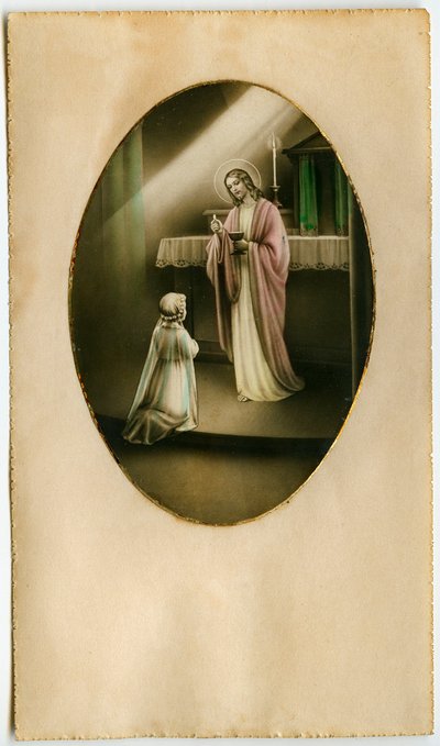 Die Eucharistie, Heilige Kommunion, das Sakrament des Altars: ein Kind vor Jesus (Gravur) von Anonymous Anonymous