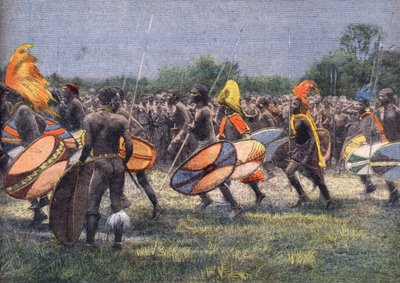 Die Expedition des ehemaligen US-Präsidenten Theodore Roosevelt (1858 - 1919) nach Afrika: Kriegerischer Tanz in Uganda. Gravur. Eine der Zeitungen „Le petit parisien“ vom 24.04.1910. Private Sammlung. von Anonymous Anonymous