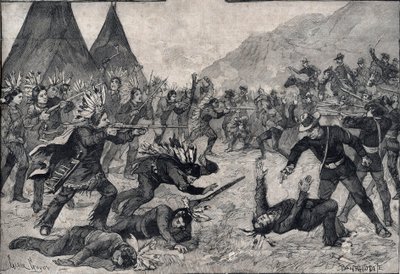 Der Indianeraufstand in den Vereinigten Staaten: ein Kampf zwischen Sioux-Indianern und amerikanischen Truppen. Gravur in „Le petit Parisien“ von 1891. Private Sammlung. von Anonymous Anonymous
