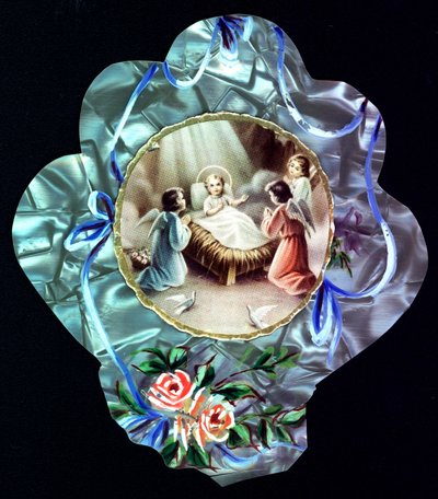 Die Geburt Christi. Das Jesuskind umgeben von Engeln. Andachtsbild. Gezackte Postkarte. Private Sammlung von Anonymous Anonymous