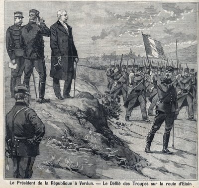 Der Präsident der Republik Felix Faure (1841-1899) besucht Verdun (Meuse): der Umzug der Militärschule der Straße von Etin. Gravur in „Le Petro Parisien“ von Anonymous Anonymous