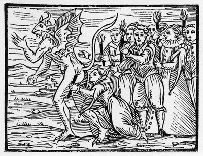 Das Sabbatritual des Kusses auf die Gesäßbacken des Teufels - „Compendium Maleficarum“, behandelt Hexen, ihre Unglücke und ihre Zaubersprüche von Francesco Maria Guazzo oder Guaccio oder Guaccius (15?? -16??) 1608 Private Sammlung von Anonymous Anonymous