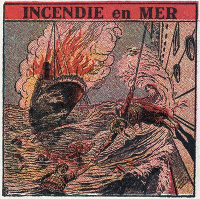 Die T.S.F.: Feuer auf See. Die T.S.F. wird von Schiffen verwendet, um bei einem Schiffswrack um Hilfe zu rufen. Anonyme Illustration von 1925. Private Sammlung. von Anonymous Anonymous